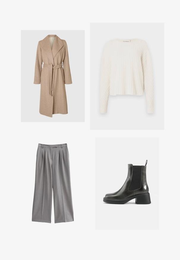 Un long manteau en laine beige avec de larges revers, une taille ceinturée et des poches latérales sur fond blanc.; CLOSED CREW NECK - Pullover - ecru; Pantalons larges gris avec un devant plissé, fabriqués à partir d'un tissu lisse. Dotés d'une taille plate avec passants de ceinture et de poches latérales.; Bottines noires en cuir avec une finition lisse, des panneaux latéraux élastiques et un talon épais. Dispose d'une languette pour un enfilage plus facile.