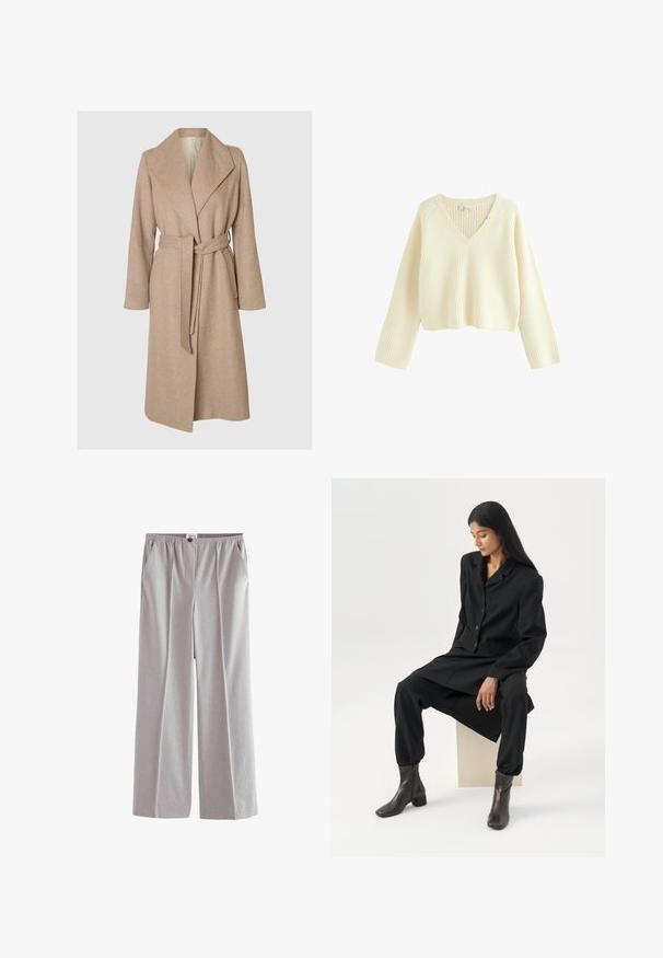 Un long manteau en laine beige avec de larges revers, une taille ceinturée et des poches latérales sur fond blanc.; Pull cropped de couleur crème avec une texture côtelée, décolleté en V et manches longues. Offre une coupe décontractée et un design simple.; Pantalons larges gris clair avec une taille élastique, des poches latérales, une texture lisse et des détails de couture minimaux.; Femme aux longs cheveux foncés assise, portant un blazer noir ample, un pantalon large assorti et des bottines foncées, sur un fond blanc uni.