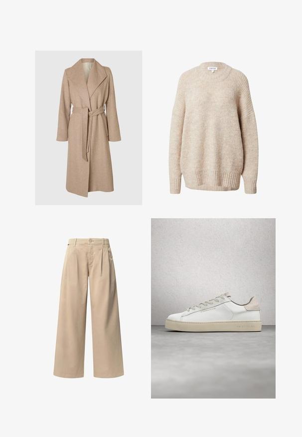 Beige lange wollen jas met brede revers, ceintuur in de taille en zijzakken op een effen witte achtergrond.; Beige gebreide trui met een ronde hals, verlaagde schouders en geribbelde manchetten en zoom. Heeft een gestructureerde, licht losse pasvorm.; Beige wijde broek met twee voorplooien, een knoopsluiting en een gladde textuur. Ontworpen voor comfort en een losse pasvorm.; Witte leren sneaker met een glanzende afwerking, beige suède accenten, ronde neus, platte vetersluiting en een getextureerde rubberen zool.