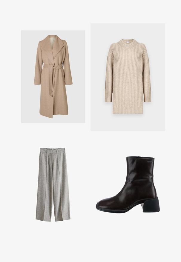 Beige langer Wollmantel mit breiten Revers, tailliertem Gürtel und seitlichen Taschen auf einem schlichten weißen Hintergrund.; Beige gestrickter Pullover mit V-Ausschnitt, langen Ärmeln und gerippter Textur. Lockere Passform mit geradem Schnitt, betont einen gemütlichen Stil und Komfort.; Graue Hosen mit weitem Bein, vorderen Falten, Gürtelschlaufen, Seitentaschen und hoher Taille, auf weißem Hintergrund dargestellt.; Vagabond ANSIE - Stiefelette - braun