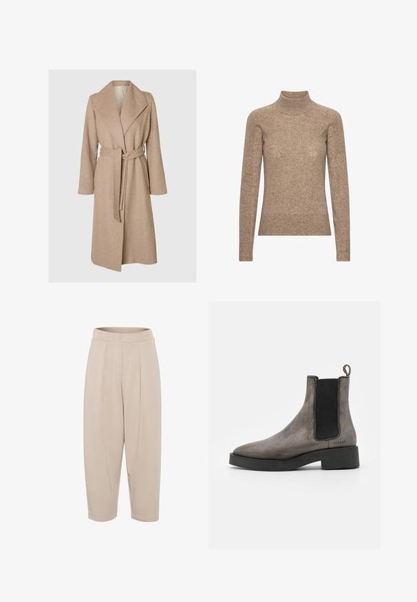 Beige lang uldfrakke med brede klapper, bælte i taljen og sidelommer på en simpel hvid baggrund.; Kamelfarvet sweater med høj hals lavet af struktureret strikket stof, der har lange ærmer og ribbet detaljering over hele kroppen.; Beige, mellemlange bukser lavet af blødt stof. Har en bred talje, frontfolder og tætsiddende ben med opsamlede sømme.; Grå læder chelsea støvle med tekstureret finish, elastiske sidedele, hængestrop og sort gummisål. Slank, taperet design med minimale accenter.