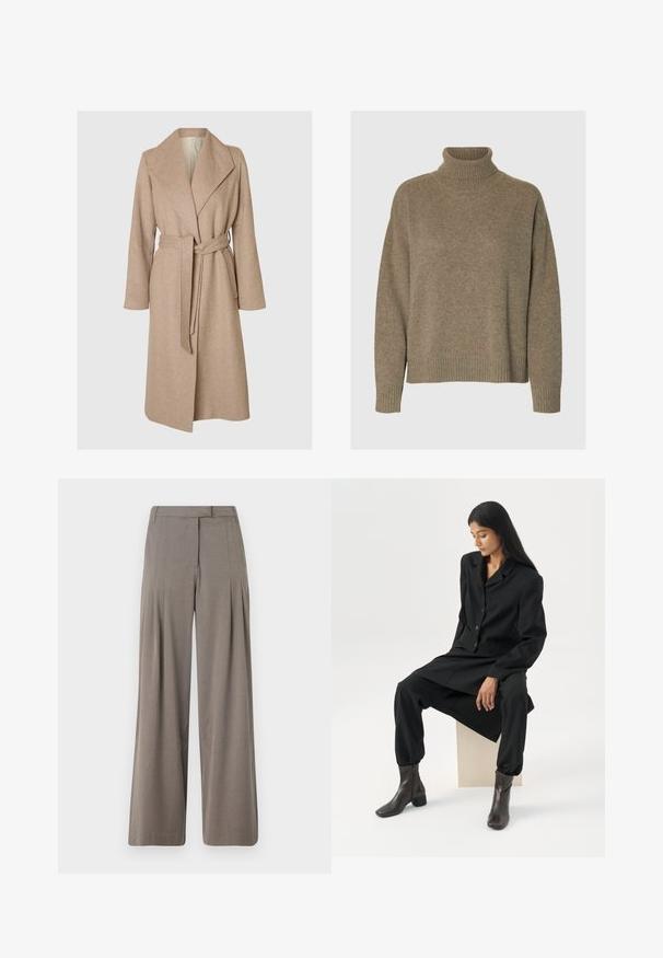Un long manteau en laine beige avec de larges revers, une taille ceinturée et des poches latérales sur fond blanc.; Pull à col roulé en tricot marron doux. Il présente des poignets et un ourlet à larges côtes, avec une coupe décontractée et une surface texturée.; Pantalons à jambe large en tissu marron clair, dotés de plis, d'un devant plat et d'un ourlet net. Texture lisse avec un léger éclat.; Femme aux longs cheveux foncés assise, portant un blazer noir ample, un pantalon large assorti et des bottines foncées, sur un fond blanc uni.