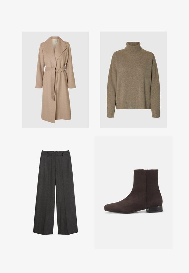 Un long manteau en laine beige avec de larges revers, une taille ceinturée et des poches latérales sur fond blanc.; Pull à col roulé en tricot marron doux. Il présente des poignets et un ourlet à larges côtes, avec une coupe décontractée et une surface texturée.; Pantalons à larges jambes en tissu gris foncé. Présentent une taille cintrée avec passants de ceinture, une texture lisse et des accents de couture minimalistes.; Bottine en daim brun foncé avec petit talon bloc et fermeture éclair latérale, bout arrondi élégant, sur fond clair uni.