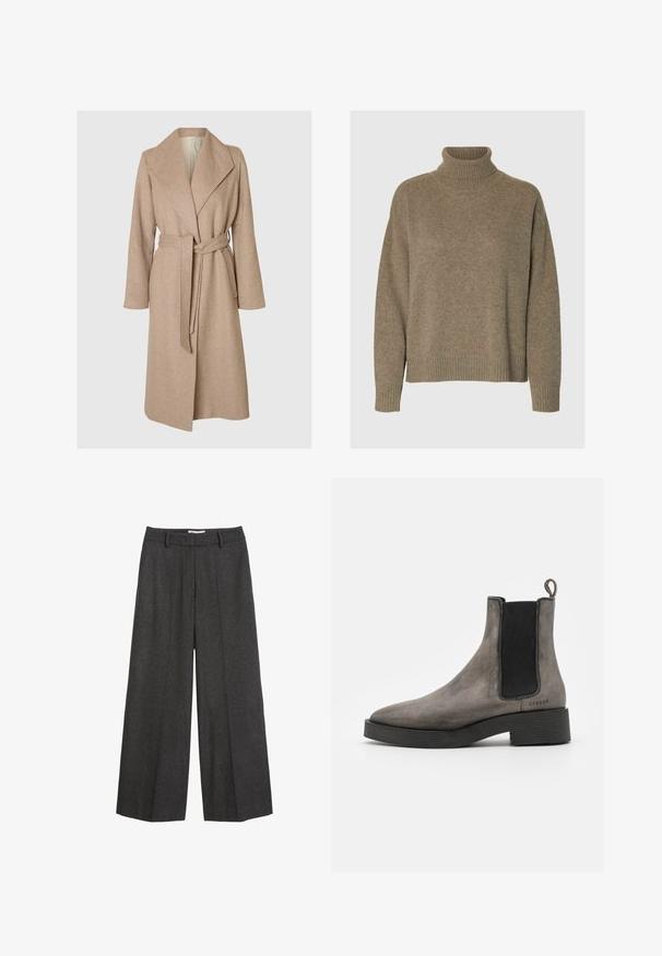 Beige lang uldfrakke med brede klapper, bælte i taljen og sidelommer på en simpel hvid baggrund.; Rullekrave sweater i blødt brunt strik. Har brede ribbede manchetter og kant, med en afslappet pasform og tekstureret overflade.; Bredde bukser i mørkegrå stof. Har en skræddersyet talje med bæltesløjfer, glat tekstur og minimale syninger som detaljer.; Grå læder chelsea støvle med tekstureret finish, elastiske sidedele, hængestrop og sort gummisål. Slank, taperet design med minimale accenter.