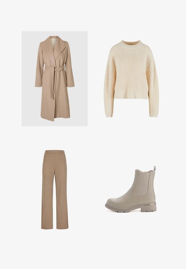 Beige lange wollen jas met brede revers, ceintuur in de taille en zijzakken op een effen witte achtergrond.; Crèmekleurige gebreide trui met een hoge geribde kraag, brede mouwen en een textuurpatroon over het gehele kledingstuk. Verkorte stijl met een geribde zoom.; Beige gebreide wijde broek met elastische tailleband, met een gladde textuur en zonder zichtbare zakken of versieringen.; Beige enkelboot met een gladde leren afwerking en elastische zijpanelen. Heeft een chunky zool en een gouden accent op de hak.