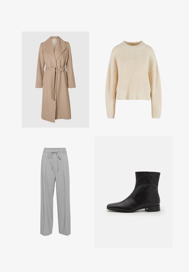 Beige langer Wollmantel mit breiten Revers, tailliertem Gürtel und seitlichen Taschen auf einem schlichten weißen Hintergrund.; Cremfarbener, gestrickter Pullover mit hohem, ribbeligem Kragen, weiten Ärmeln und einem strukturierten Muster. Kürzer geschnitten mit ribbeligem Saum.; Graue Leinen-Hose mit weitem Bein und hohem Bund, ausgestattet mit einem Kordelzug, Falten an der Vorderseite und einer weichen, strukturierten Oberfläche.; Schwarze Lederknöchelstiefel mit spitz zulaufender Zehe, glatter Textur, minimalistischem Design und niedrigem Blockabsatz. Der seitliche Reißverschluss reicht bis zum Knöchel.