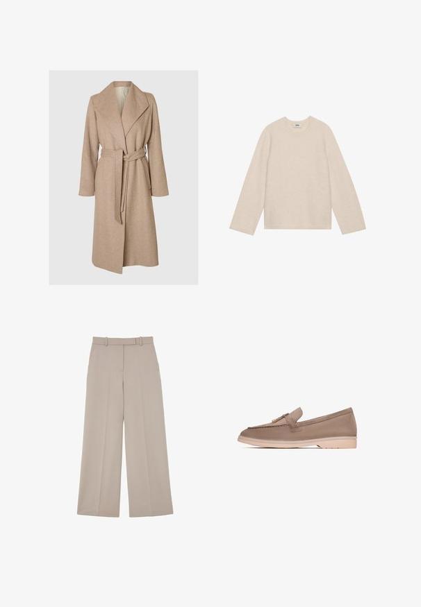 Beige lang uldfrakke med brede klapper, bælte i taljen og sidelommer på en simpel hvid baggrund.; Lysebeige langærmet sweater lavet af blødt materiale. Har en rund hals og en afslappet pasform med ribbede manchetter og kant.; Beige bukser med vide ben, bæltestropper, forlommer og presning ned langs midten af hvert ben.; Brune læder loafer med en glat tekstur, der har et dekorativt bånd og guldfarvet hardware, hviler på en lys beige gummisål.