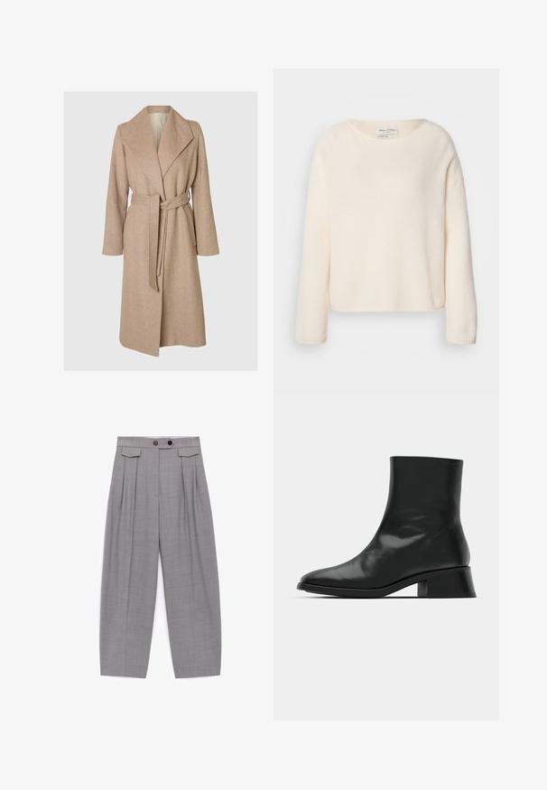 Un long manteau en laine beige avec de larges revers, une taille ceinturée et des poches latérales sur fond blanc.; Pull de couleur crème avec un col rond, des épaules tombantes et des manches longues. Tissu doux et texturé avec une coupe légèrement raccourcie.; Pantalon gris ample taille haute avec plis, deux boutons noirs sur la ceinture et des détails avec rabats près des hanches.; Bottine noire en cuir brillant, au design épuré, avec un bout pointu et un petit talon bloc pour plus de stabilité.