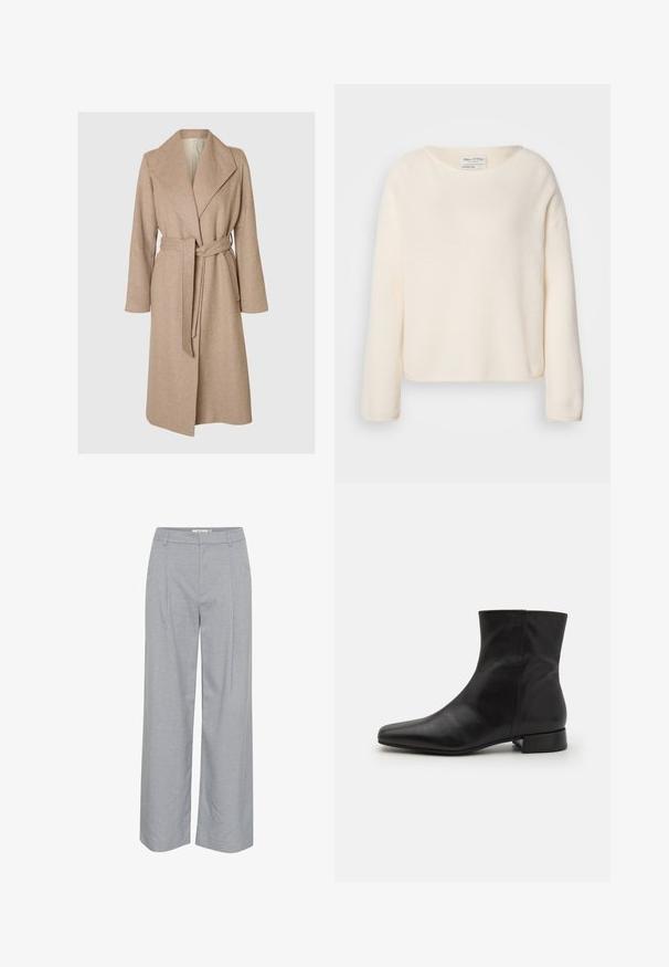 Beige lang uldfrakke med brede klapper, bælte i taljen og sidelommer på en simpel hvid baggrund.; Kremfarvet sweater med rund halsudskæring, sænkede skuldre og lange ærmer. Blødt, tekstureret stof med en let cropped pasform.; Lys grå, vide bukser med en glat tekstur, der har frontfolder og en flad talje. Minimalistisk design, ingen synlig hardware.; Sort læder ankelstøvle med spids tå, glat tekstur, minimalistisk design og en lav blokhæl. Sidelukning går op til anklen.