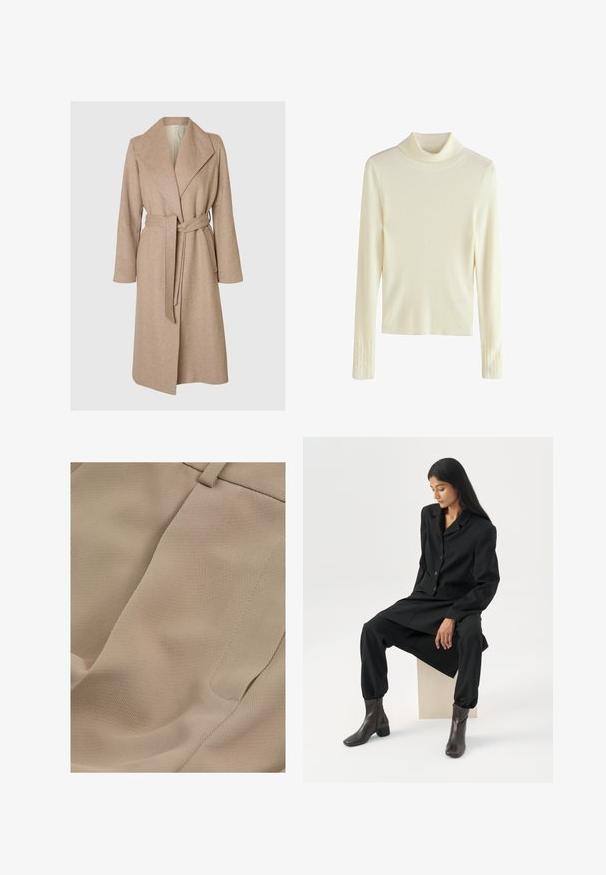 Beige langer Wollmantel mit breiten Revers, tailliertem Gürtel und seitlichen Taschen auf einem schlichten weißen Hintergrund.; Rippestrick-Turtleneck-Pullover in hellem Elfenbein, mit langen Ärmeln und strukturierten Akzenten an den Bündchen. Weicher, dehnbarer Stoff.; Reiss PETITE FIT - EDEN ELASTICATED WAIST WIDE - Stoffhose - mink neutral; Frau mit langen dunklen Haaren sitzt, trägt einen lockeren schwarzen Blazer, passende weite Hosen und dunkle Stiefeletten vor einem schlichten weißen Hintergrund.