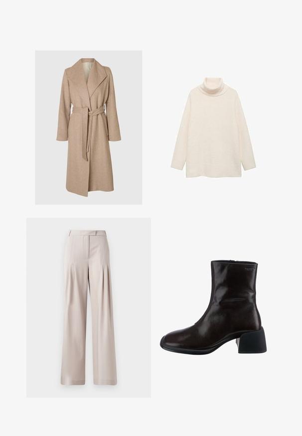 Beige langer Wollmantel mit breiten Revers, tailliertem Gürtel und seitlichen Taschen auf einem schlichten weißen Hintergrund.; Cremfarbener Rollkragenpullover aus weichem, strukturiertem Stoff. Verfügt über lange Ärmel und einen lockeren, lässigen Schnitt. Einfaches Design ohne Muster.; Beige Weite-Leggings mit glatter Textur, gefaltetem Vorderdesign und tailliertem Bund. Geeignet für formelle oder legere Anlässe.; Vagabond ANSIE - Stiefelette - braun