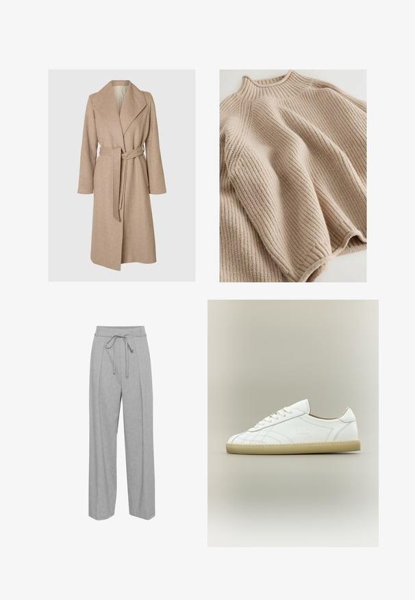 Beige lang uldfrakke med brede klapper, bælte i taljen og sidelommer på en simpel hvid baggrund.; Strikket sweater i lys beige med en ribbestrikket tekstur, udstyret med en høj krave og en bred, afslappet silhuet. Markeret med en struktureret syning.; Grå linned brede bukser med høj talje, udstyret med snørre, folder foran og en blød, struktureret finish.; Hvid lavtop lædersneaker med beige sål, snøredesign og subtile syede mønstre på neutral baggrund.