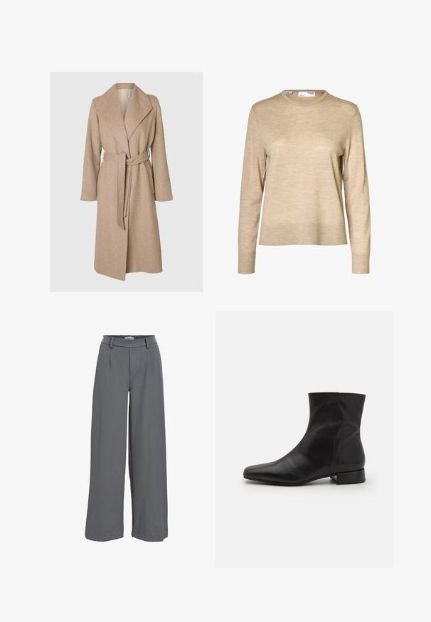 Beige lang uldfrakke med brede klapper, bælte i taljen og sidelommer på en simpel hvid baggrund.; Beige langærmet uldsweater med rund hals og ribstrikkede manchetter og kant, vist mod en hvid baggrund.; Breddebenede bukser i lyst grå stof med smocket talje, frontfald og en glat, blød tekstur.; Sort læder ankelstøvle med spids tå, glat tekstur, minimalistisk design og en lav blokhæl. Sidelukning går op til anklen.