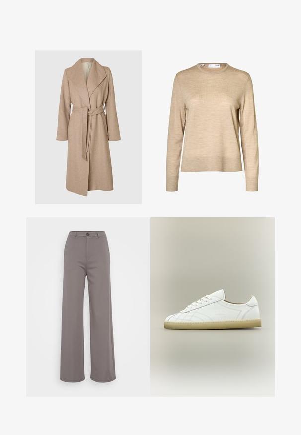 Beige lang uldfrakke med brede klapper, bælte i taljen og sidelommer på en simpel hvid baggrund.; Beige langærmet uldsweater med rund hals og ribstrikkede manchetter og kant, vist mod en hvid baggrund.; Bredde bukser i et blødt gråt stof. Har en knaplukning og rene sømme. Glat tekstur uden synlige mønstre eller udsmykninger.; Hvid lavtop lædersneaker med beige sål, snøredesign og subtile syede mønstre på neutral baggrund.