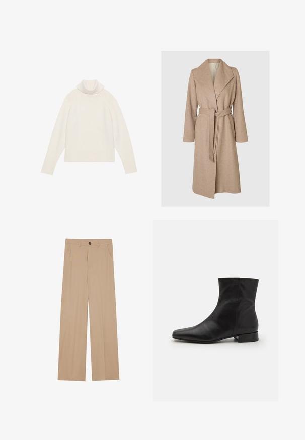 Beige lang uldfrakke med brede klapper, bælte i taljen og sidelommer på en simpel hvid baggrund.; Lyscreme turtleneck sweater med ribbet tekstur, raglanærmer og tætsiddende kant. Blødt materiale og afslappet silhuet.; Beige brede bukser med en glat tekstur, der har to sidelommer, en frontlukning med knap og diskrete plisseringer for at tilføje detaljer.; Sort læder ankelstøvle med spids tå, glat tekstur, minimalistisk design og en lav blokhæl. Sidelukning går op til anklen.