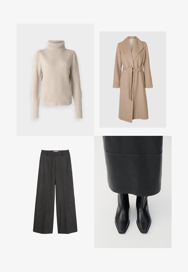 Beige lange wollen jas met brede revers, ceintuur in de taille en zijzakken op een effen witte achtergrond.; VILA Knitted Turtleneck - Trui - feather gray; Lange broek met wijde pijpen in donkergrijze stof. Heeft een op maat gemaakte tailleband met riemlussen, een gladde textuur en minimale stiksels.; Zwarte leren hoge enkellaarsjes met een vierkante neus en een ritssluiting aan de zijkant. Glad textuur en minimale hardware; gecombineerd met een zwarte leren rok.