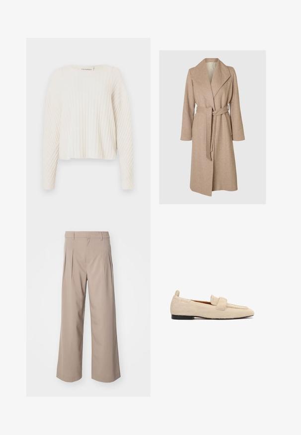 Abrigo largo de lana beige con amplios solapas, cintura ceñida con cinturon y bolsillos laterales sobre un fondo blanco liso.; CLOSED CREW NECK - Jersey de punto - ecru; Pantalones beige de pierna ancha con plisados, hechos de una tela suave. Presentan una cintura de altura media y una silueta limpia y ajustada.; Mocasín plano beige con superficie texturizada similar a piel de animal, suela negra y una amplia correa sobre la parte superior del zapato.