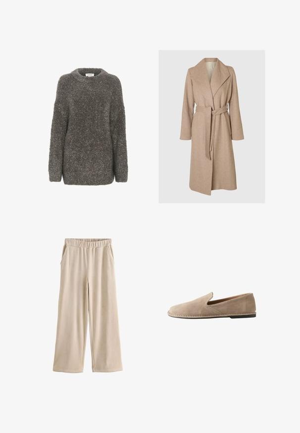 Abrigo largo de lana beige con amplios solapas, cintura ceñida con cinturon y bolsillos laterales sobre un fondo blanco liso.; Suéter gris con textura, de cuello redondo, mangas largas y un corte holgado. Fabricado en un material suave y esponjoso, con un diseño simple.; Pantalones de pana beige de pierna ancha con cintura elástica y bolsillos laterales, mostrados planos sobre un fondo blanco.; Mocasín beige de ante con puntera redondeada, tacón bajo y plano, suela cosida y fuelle lateral elástico para un calce fácil.