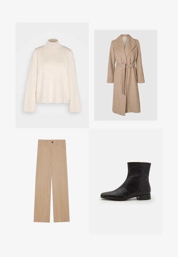 Beige lang uldfrakke med brede klapper, bælte i taljen og sidelommer på en simpel hvid baggrund.; Cremefarvet højhalset sweater med lange ærmer, lavet af blødt strikket stof. Har en tætsiddende krave og en afslappet silhuet. Ingen synlige mønstre eller detaljer.; Beige brede bukser med en glat tekstur, der har to sidelommer, en frontlukning med knap og diskrete plisseringer for at tilføje detaljer.; Sort læder ankelstøvle med spids tå, glat tekstur, minimalistisk design og en lav blokhæl. Sidelukning går op til anklen.