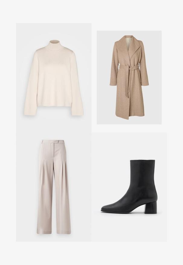 Beige lang uldfrakke med brede klapper, bælte i taljen og sidelommer på en simpel hvid baggrund.; Cremefarvet højhalset sweater med lange ærmer, lavet af blødt strikket stof. Har en tætsiddende krave og en afslappet silhuet. Ingen synlige mønstre eller detaljer.; Beige vidde bukser med en glat tekstur, plisseret frontdesign og en skræddersyet talje. Velegnet til formelt eller afslappet brug.; Sorte læder ankelstøvler med spids tå og en kraftig firkantet hæl. Glat overflade med et sømløst design og minimalistisk syning.