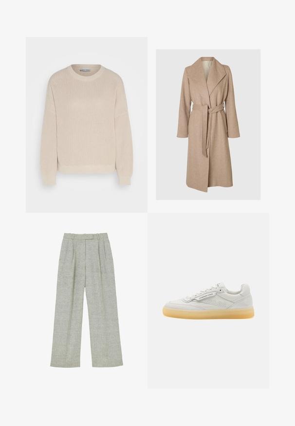 Beige lang uldfrakke med brede klapper, bælte i taljen og sidelommer på en simpel hvid baggrund.; Anna Field by Zalando Striktrøje - grey; Grå uldbukser med høj talje med et subtilt fiskebensmønster, læg foran og bæltestropper langs taljen.; Hvide lædersneakers med perforerede detaljer, rund tå og cremefarvet gummisål. Har tonalt syning og et minimalistisk design.