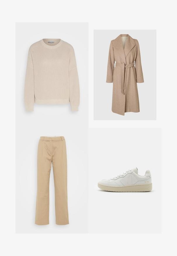 Beige lang uldfrakke med brede klapper, bælte i taljen og sidelommer på en simpel hvid baggrund.; Anna Field by Zalando Striktrøje - grey; Beige vidde bukser lavet af et tekstureret stof, med en mellemhøj talje, frontfolder og et strømlinet design.; Hvide lædersneakers med perforeret tåboks, kontrasterende beige gummisål og logoer på siden og hælen. Minimalistisk design.