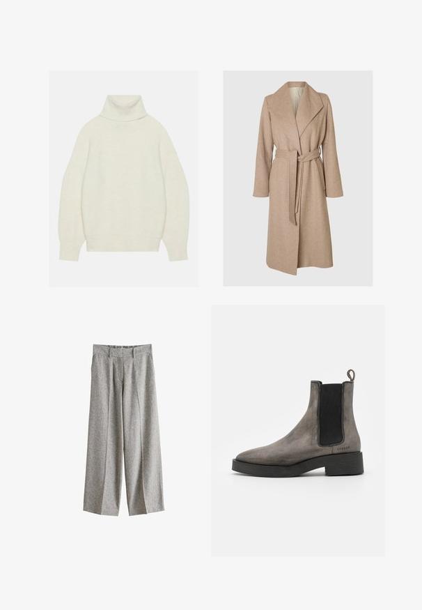 Beige lange wollen jas met brede revers, ceintuur in de taille en zijzakken op een effen witte achtergrond.; Romper met col in crèmekleur, gemaakt van zacht breimateriaal. Beschikt over een ontspannen pasvorm, raglanmouwen en geribde manchetten en zoom.; Grijze wijde broek met voorplooien, riemlussen, zijzakken en een hoge taille, weergegeven op een witte achtergrond.; Grijze leren Chelsea-boot met textuurafwerking, elastische zijkanten, een trekhaak en een zwarte rubberen zool. Slank, taps toelopend ontwerp met minimale accenten.