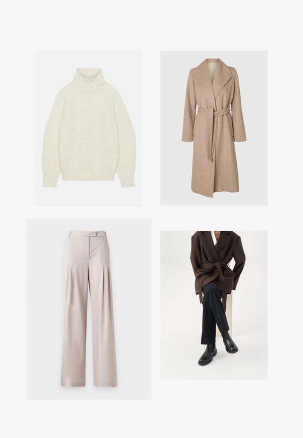 Beige lang uldfrakke med brede klapper, bælte i taljen og sidelommer på en simpel hvid baggrund.; Rullekrave sweater i creme, lavet af blødt strikket materiale. Har en afslappet pasform, raglanærmer samt ribbede ærmer og kant.; Beige vidde bukser med en glat tekstur, plisseret frontdesign og en skræddersyet talje. Velegnet til formelt eller afslappet brug.; Brun uldblandingsfrakke med bælte, båret over en hvid skjorte og sorte bukser, parret med sorte chelsea støvler, sat mod en hvid baggrund.