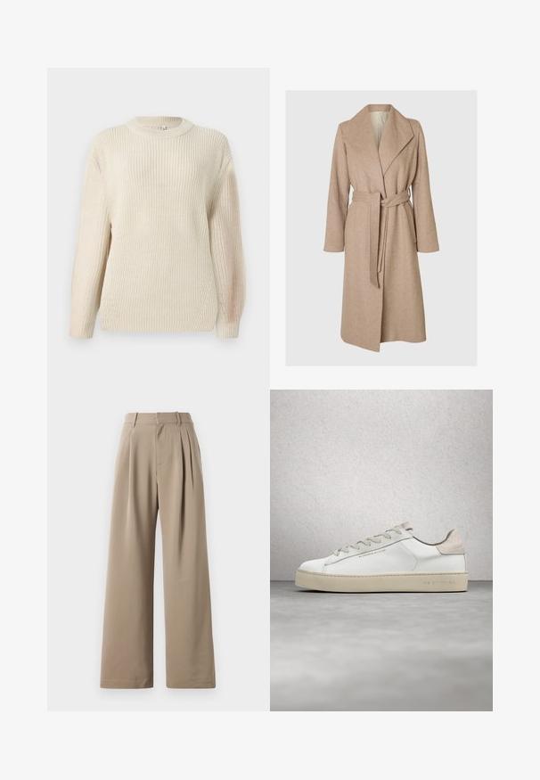 Un long manteau en laine beige avec de larges revers, une taille ceinturée et des poches latérales sur fond blanc.; Pull en maille épaisse crème avec un col rond, des manches prolongées et une finition texturée. Présente un léger côte et une coupe décontractée.; Pantalons larges beige avec plis, devant plat, poches latérales et passants de ceinture. Fabriqués en tissu lisse et léger.; Sneaker en cuir blanc avec une finition lisse, accents en suède beige, bout arrondi, design à lacets plats et semelle en caoutchouc texturée.