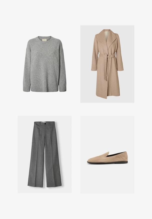 Un long manteau en laine beige avec de larges revers, une taille ceinturée et des poches latérales sur fond blanc.; Pull gris en maille avec un col rond, épaules tombantes et ourlet côtelé. Texture douce avec un motif uniforme et aucun élément métallique visible.; Pantalons large gris à rayures, dotés d'une fermeture à bouton et de deux poches avant. Fabriqués en tissu texturé.; Mocassin beige en daim à enfiler avec semelle noire, petit talon et bout arrondi, présenté de profil sur fond blanc.