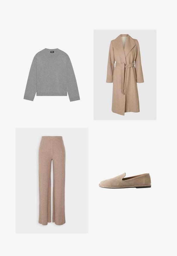 Beige lang uldfrakke med brede klapper, bælte i taljen og sidelommer på en simpel hvid baggrund.; Grå strikket sweater med lange ærmer, rund halsudskæring og ribbet kant. Fremstillet af blødt materiale, har et minimalistisk design uden mønstre.; Beige ribbede vide bukser med høj talje og blød tekstur, der har en løs pasform og ingen synlige lukninger.; Beige ruskind slip-on loafers med rund tå, lav flad hæl, syet sål og elastisk sideindsats for nem påtagning.