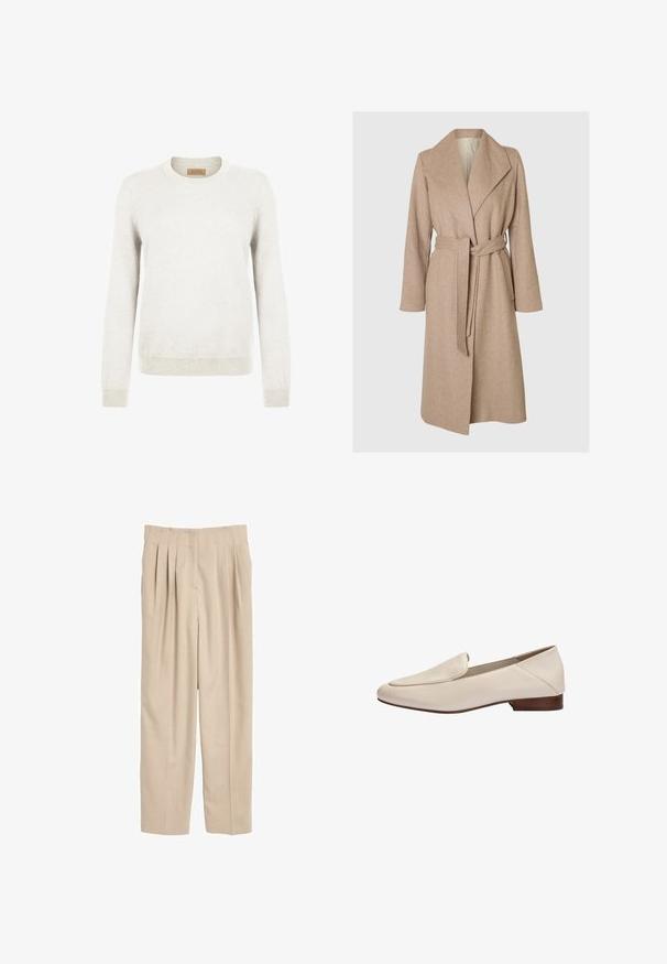 Beige lang uldfrakke med brede klapper, bælte i taljen og sidelommer på en simpel hvid baggrund.; Lys grå sweater lavet af blødt strikstof, med rund hals og lange ærmer, samt ribbede manchetter og kant for ekstra tekstur.; Beige plisserede bukser med en skræddersyet pasform, lavet af et glat stof, der har et klassisk taljebånd og lige ben.; Beige læderloafer med lavt træhæl og afrundet firkantet tå, sidevisning mod hvid baggrund.