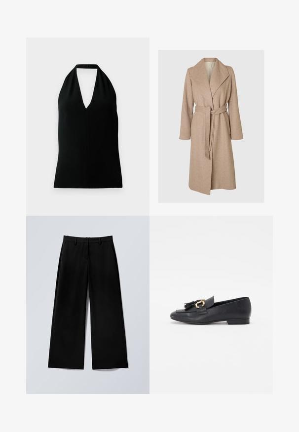 Abrigo largo de lana beige con amplios solapas, cintura ceñida con cinturon y bolsillos laterales sobre un fondo blanco liso.; Top sin mangas negro tipo halter con un escote en V profundo y tirante trasero, exhibido sobre un fondo blanco.; Pantalones negros de pierna ancha con trabillas para cinturón, cremallera frontal y bolsillos laterales, extendidos sobre una superficie gris claro.; Mocasines de cuero negro con punta afilada, que presentan un acento de hardware dorado y borlas en la parte frontal, tacón bajo y textura suave.