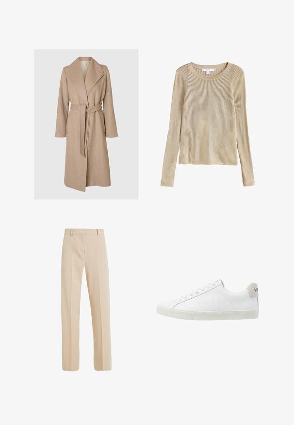 Beige langer Wollmantel mit breiten Revers, tailliertem Gürtel und seitlichen Taschen auf einem schlichten weißen Hintergrund.; Beigefarbener, gerippter Langarm-Strickpullover mit rundem Ausschnitt und schmaler Passform, flach liegend mit sichtbarem Etikett am Kragen.; Beige maßgeschneiderte Hose aus glattem Stoff, mit geradem Beinanschnitt, seitlichen Taschen und Bügelfalten auf der Vorderseite.; Weiße Ledersneaker mit einer strukturierten, cremefarbenen Gummisohle. Zu den Merkmalen gehören Schnürsenkel, dezente Nähte und ein grauer Wildleder-Hackeneinsatz.