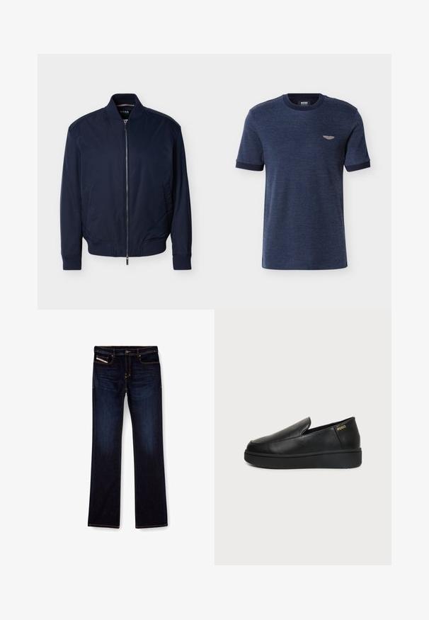 Chaqueta bomber azul marino con cierre de cremallera, cuello, puños y dobladillo acanalados. Material liso y bolsillos laterales. Diseño minimalista sin estampados.; Camiseta de manga corta azul marino con cuello redondo, puños acanalados y pequeño logo beige en el pecho izquierdo.; Jeans de mezclilla de color azul oscuro con corte recto, con costuras naranjas, cremallera en la bragueta y bolsillos delanteros. Textura suave y cinturilla estándar.; Zapato de cuero negro tipo slip-on con suela gruesa y pequeños orificios de ventilación laterales, con el logo dorado de "HUGO" cerca del talón.