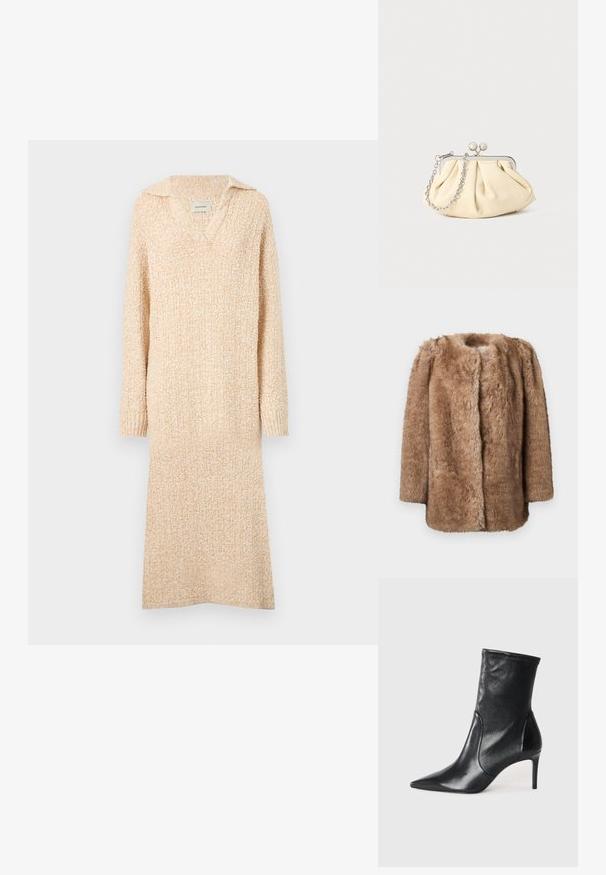 Brauner Kunstfellmantel mit weicher Textur, offenem Vorderteil und Dreiviertelärmel. Er hat einen geraden Schnitt und ein minimalistisches Design.; Beiges Strickkleid mit V-Ausschnitt und Kragen, langen Ärmeln und gerippten Bündchen. Weiche Textur mit einem leicht strukturierten Muster im gesamten Kleid.; Schwarze Stiefeletten aus glattem Leder, mit einer spitzen Zehe, schmalem Schaft und schlanker, hoher Ferse. Minimalistisches Design ohne sichtbare Beschläge.; Faltige beigefarbene Ledertasche mit einem silbernen Metallrahmen, ausgestattet mit zwei runden dekorativen Verschlüssen und einem silbernen Kettenriemen.