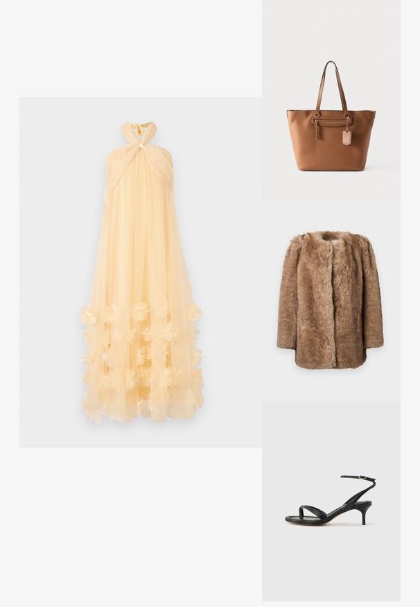 Manteau en fausse fourrure marron avec une texture douce, à l'avant ouvert et aux manches trois-quarts. Il présente une coupe droite et un design minimaliste.; Robe maxi en tissu translucide de couleur jaune pâle, dotée d'un col halter noué et d'appliqués floraux à l'ourlet, créant une silhouette fluide.; Sandale pour femme en cuir noir avec fines lanières, une boucle d'orteil, une boucle à la cheville et un talon aiguille de hauteur moyenne sur un fond neutre.; Sac cabas en cuir brun avec deux bandoulières, poche zippée à l'avant et étiquette à bagages assortie, sur un fond uni clair.