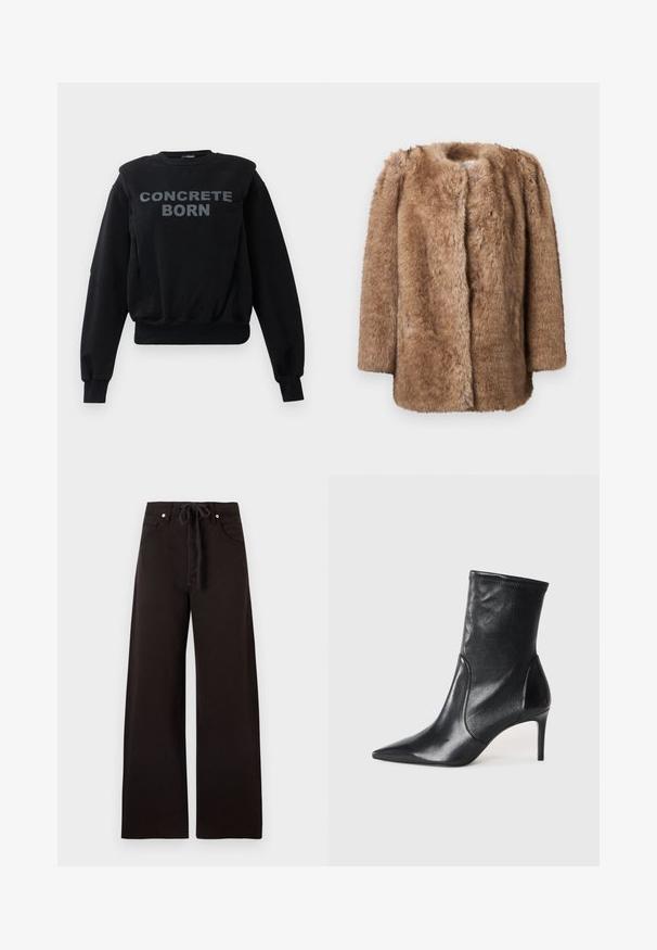 Brun faux fur frakke med en blød tekstur, åben front og trekvartærmer. Den har en lige skæring og et minimalistisk design.; Sort langærmet sweatshirt med ribbede manchetter og kant, med fed grå tekst "CONCRETE BORN" i midten foran.; Sorte bukser med vide ben, forlommer, bæltestropper og en stofsnor i taljen, vist på en ensfarvet baggrund.; Sorte ankelstøvler lavet af glat læder, med spids tå, tætsiddende skaft og en slank høj hæl. Minimalistisk design uden synligt hardware.