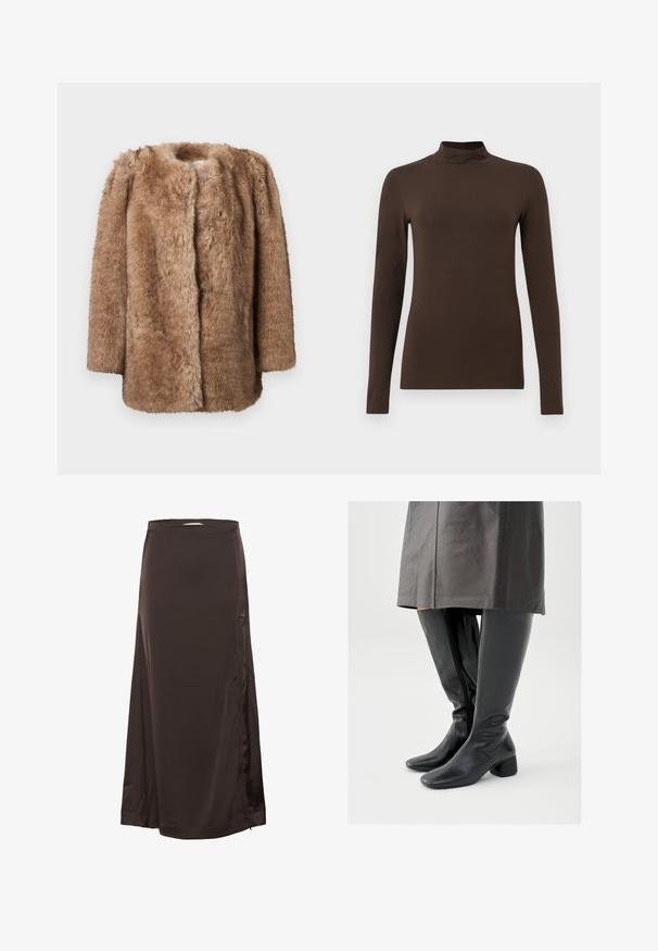 Brun faux fur frakke med en blød tekstur, åben front og trekvartærmer. Den har en lige skæring og et minimalistisk design.; Brun langærmet turtleneck-top lavet af blødt stof. Tætsiddende design med høj krave og sømløse ærmer. Ingen synlige mønstre eller hardware.; Lang, mørkebrun satin skørt med en tætsiddende talje og subtil splittelse i siden, glat tekstur og let shine.; Knæhøje sorte læderstøvler med firkantet tå, skråt stillet blokhæl og en sidesyning; glat tekstur og tætsiddende design.