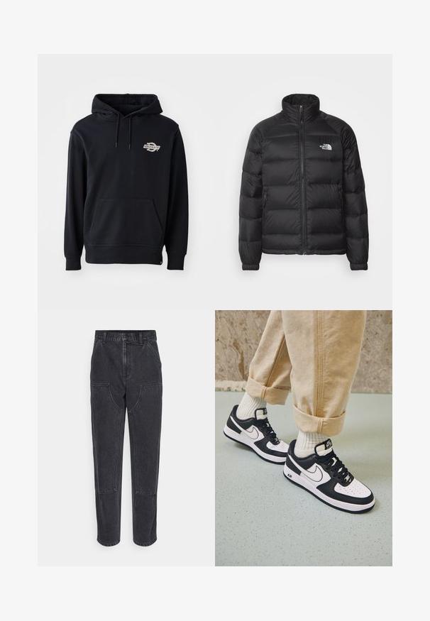 Musthave musternokast vest, millel on kõrge krae, lukuga suletav, tikitud vooder ja küljetaskud. Rinna peal on väike valge logo.; Musternahk mustrauk, millel on esiküljel känguru tasku, reguleeritav kapuuts ja väike tikitud logo vasakul rinnal. Pehme kangas, mugav lõige.; Mustad teksad kõrge vöökoht, sirge sääre lõike ja suurte eespool olevate taskutega. Omab kontrastset õmblust ja nähtavad logod puuduvad.; Mustvalge Nike Air Force 1 tossud nahast pealsega, perforeeritud varbaga ja tekstuurse tallaga, kantud kergete beige pükstega, mille alumine serv on üles keeratud, ja valgete sokkidega.