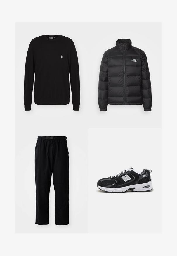 Sort pufferjakke med høj krave, lynlås lukning, quiltet polstring og sidelommer. Har et lille hvidt logo på brystet.; Carhartt WIP MADISON SWEATER - Sweatshirt - black; Sorte, letvægtsbukser med lige ben, elastisk talje, justerbart bælte og forstærkede knælapper. Ingen synlige mønstre eller accenter.; Sorte og grå sportssko med mesh og ruskind på overdelen, der har en hvid mellemsål, snørebånd og et iøjnefaldende "N" logo på siden.