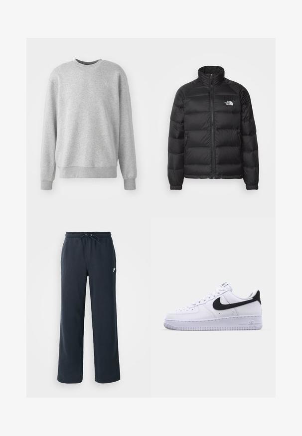 Sort pufferjakke med høj krave, lynlås lukning, quiltet polstring og sidelommer. Har et lille hvidt logo på brystet.; Grå sweatshirt lavet af blødt stof, har en rund halsudskæring, ribbede manchetter og kant, med en diskret logoaccent på fronten.; Mørkeblå sweatpants med elastisk talje og snoretræk. Lavet af blødt stof og med et lille hvidt logo på venstre hofte.; Hvide lædersneakers med en struktureret sort Swoosh, flade snørebånd og en gummisål med et rillemønster. "AIR" er præget på hælen.