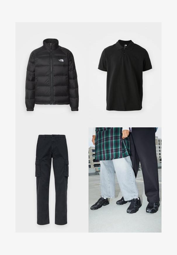 Doudoune noire avec un col montant, une fermeture éclair, un rembourrage matelassé et des poches latérales. Présente un petit logo blanc sur la poitrine.; Polo noir en coton, doté d'un col classique, de manches courtes et d'un logo sombre et subtil sur la poitrine. Texture lisse.; Pantalons cargo noirs en tissu résistant, dotés de deux poches latérales, de jambes droites et d'une fermeture à bouton à la taille.; Baskets de sport noires avec des accents en mesh et en caoutchouc. Portées avec un jean large gris clair et un haut à carreaux vert. Fond à surface plane.