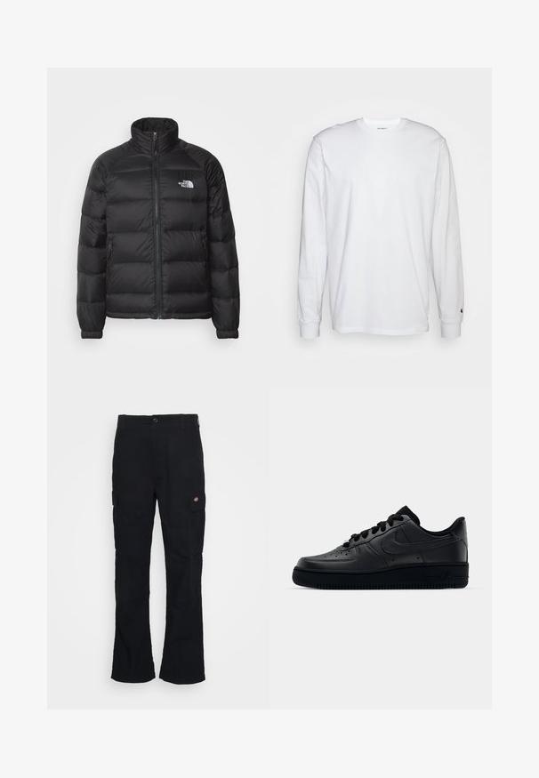 Schwarze Daunenjacke mit hohem Kragen, Reißverschluss, steppgefüttert und seitlichen Taschen. Mit kleinem weißen Logo auf der Brust.; Weißes Langarm-T-Shirt aus Baumwolle. Rundhals-Design mit gerippten Bündchen und kleinem Logo auf dem linken Ärmel. Glatte Textur.; Schwarze Cargo-Hose mit geradem Bein, aus strapazierfähigem Stoff gefertigt, mit Seitentaschen und einem aufgenähten Logo auf der linken Seite.; Schwarzer Nike Air Force 1 Schuh mit einem glatten Lederoberteil, perforierter Zehenpartie für Atmungsaktivität, schwarzen Schnürsenkeln und einer strukturierten Gummisohle.