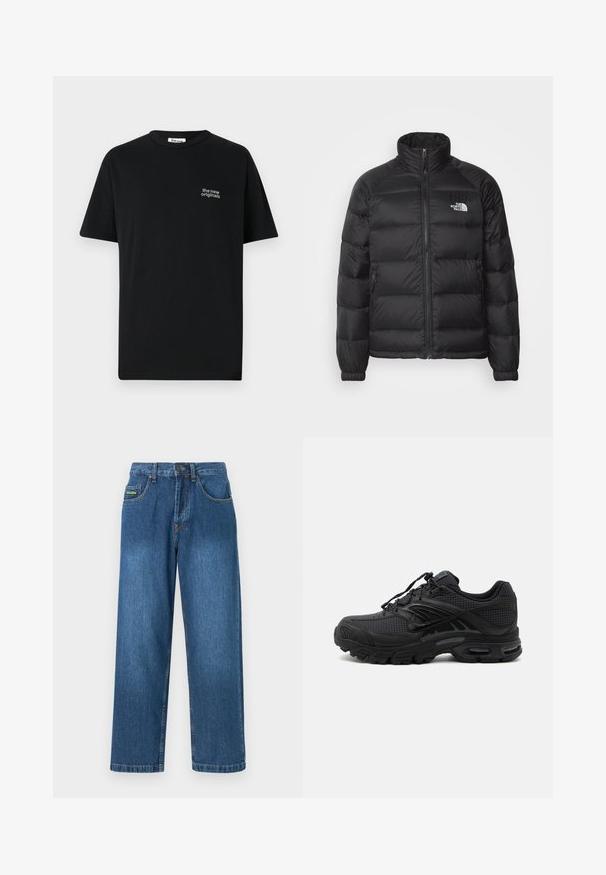 Musthave musternokast vest, millel on kõrge krae, lukuga suletav, tikitud vooder ja küljetaskud. Rinna peal on väike valge logo.; Must mustriga T-särk lühikeste varrukatega, ümar kaelus ning vasakul rinnal väike valge tikand, millel on kiri "uued originaalid".; Kesksinises pesus teksad, otse lõikega disain, viis taskut ja kollased õmblused.; Mustad sportlikud tossud tekstuurse kangaga, paksu polsterdatud tallaga, õhuavade ja paeltega kinnitusega, esitatud küljelt hele taust.