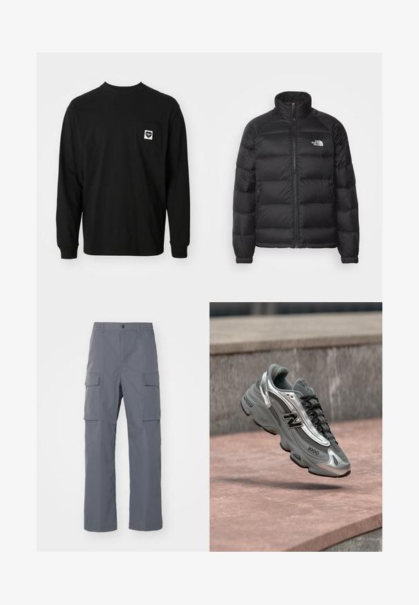 Sort pufferjakke med høj krave, lynlås lukning, quiltet polstring og sidelommer. Har et lille hvidt logo på brystet.; Sort langærmet t-shirt lavet af bomuld, med en rund halsudskæring og en brystlomme med et hjerte-logo og tekst.; Grå cargo-bukser lavet af holdbart stof. Funktioner inkluderer en elastisk talje, to store sidelommer og en lige benudskæring.; Grå og sølvfarvet New Balance-sneaker mærket "1000", der svæver over en rosafarvet stenet overflade med en grå stenvæg i baggrunden.