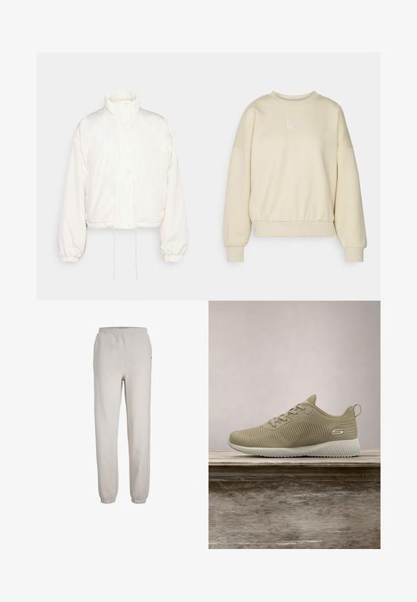 JJXX JXMANDY OTW - Zimná bunda - off white; Beige mikina s okrúhlym výstrihom, spustenými ramenami a elastickým pásom. Na hrudi sú biele vyšívané nápisy. Mäkká textúra látky.; Svetlo béžové jogger nohavice s elastickým pásom a lemami pri členkoch, voľného strihu a hladkej štruktúry látky.; Béžová športová obuv s textúrovaným zvrškom, šnúrkami a podpornou pätou, ležiaca na drevenom povrchu, s pozadím zeleného rastlinstva.
