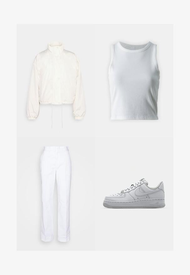 JJXX JXMANDY OTW - Zimná bunda - off white; Biely rebrovaný top bez rukávov s okrúhlym výstrihom, so strapatým lemom a hladkou, elastickou textúrou.; Biele nohavice s rovnými nohavicami vyrobené z bavlny. Majú plochý predný diel, pútka na opasok a žiadne viditeľné vrecká. Hladká textura a minimalistický dizajn.; Biele kožené tenisky s nízkym strihom, okrúlou špičkou, perforovanými detailmi a textúrovanou gumovou podrážkou. Obsahujú šedé akcenty na jazyku.