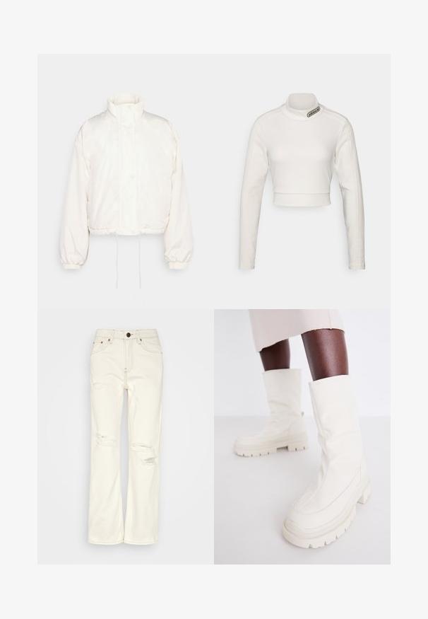 JJXX JXMANDY OTW - Talvejope - off white; adidas Originals CROPPED - Pikkade varrukatega topp - white; BDG Urban Outfitters STRAIGHT - Sirgete säärtega teksad - ecru; Valged pahkluu saapad pehme ja tekstuuriga viimistlusega, millel on tüse kummist konts ja skulpturaalne kuju modernseks disainiks.