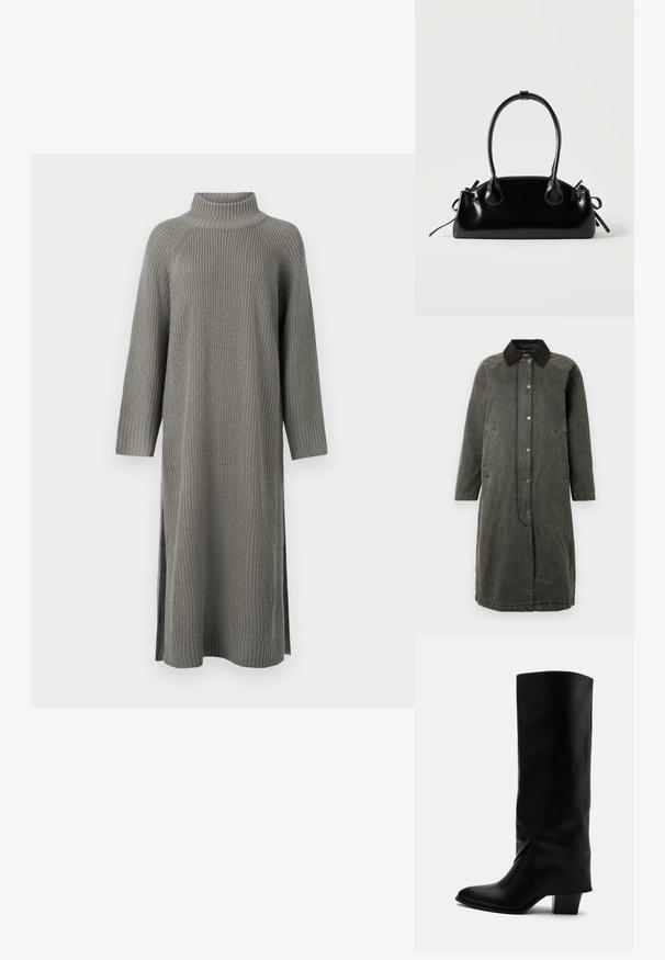 Lange olijfgroene denimjas met een zwarte corduroy kraag, drukknoopsluiting aan de voorkant, twee zijzakken en een licht oversized silhouet.; Grijs gebreid jurkje met een hoge kraag, lange mouwen, geribbelde manchetten en zijsplitten voor bewegingsgemak. Textuur van de stof voegt diepte toe.; Hoge zwarte leren laars met schuine stiksels, puntige neus en stevige hak van gemiddelde hoogte op witte achtergrond.; Kleine zwarte glanzende handtas met twee lange hengsels en zijkant trekkoord details op een effen lichte achtergrond.